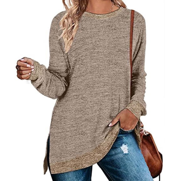 Baeitkot Women's Long Sleeve Sweatshirts Color Block Fall Crewneck Sweaters Tunic Tops Loose Fit Side Slit Blouse Khaki