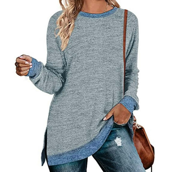 Ofreoo Women's Long Sleeve Sweatshirts Color Block Fall Crewneck Sweaters Tunic Tops Loose Fit Side Slit Blouse Light Blue