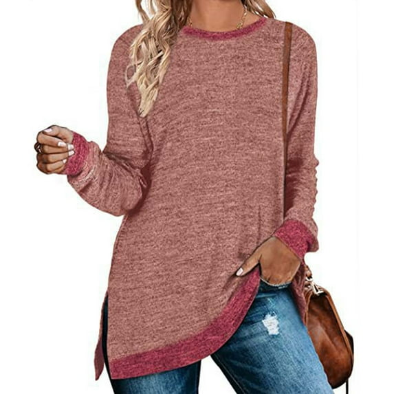 Ofreoo Women's Long Sleeve Sweatshirts Color Block Fall Crewneck Sweaters Tunic Tops Loose Fit Side Slit Blouse Red