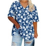 OFREOO Women's Plus-Size V-Neck Short Sleeve Printing Base Shirt on Clearance