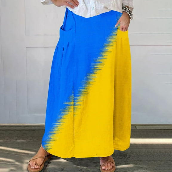 Ofreoo Women's Printed Elastic Waistband Pleated Pocket Skirt With Mid Calf Skirt Long Skirts for Women Great Gifts for Less