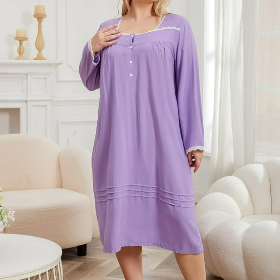 Ofreoo Women's Round Neck Oversized Spring and Fall Casual Loose Home Long Sleeve Nightgown on Clearance