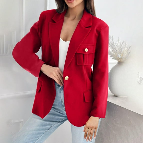 Ofreoo Women's Solid Color Double Breasted Pocket Long Sleeved Hoodless Turndown Collar Casual Jacket Winter Jackets for Women Great Gifts for Less