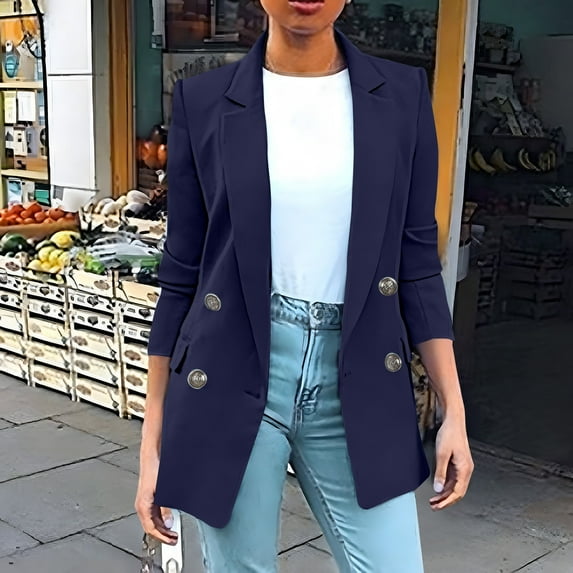 Ofreoo Women's Solid Color Long Sleeve Lapel Suit Jacket Long Sleeved Small Suit Temperament Slim Top Jacket on Clearance