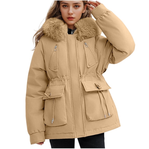 Ofreoo Women's Solid Color Pocket Zipper Keep Warm Hodded Coat Tops Gift for Girls