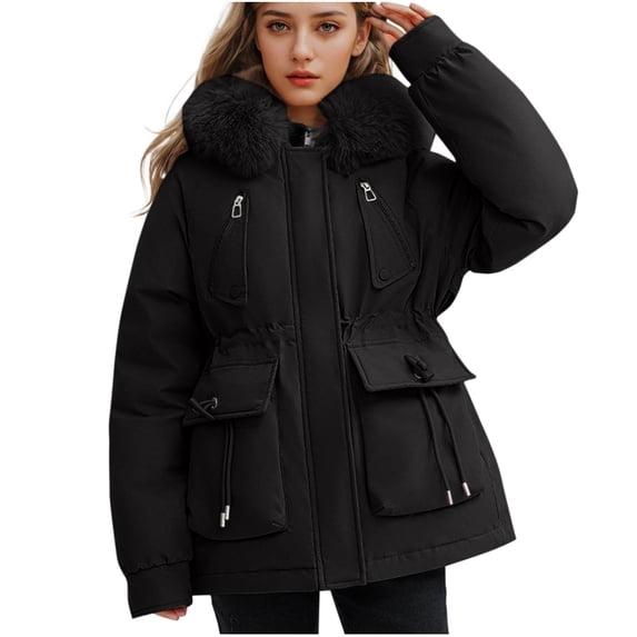 Ofreoo Women's Solid Color Pocket Zipper Keep Warm Hodded Coat Tops Gift for Girls