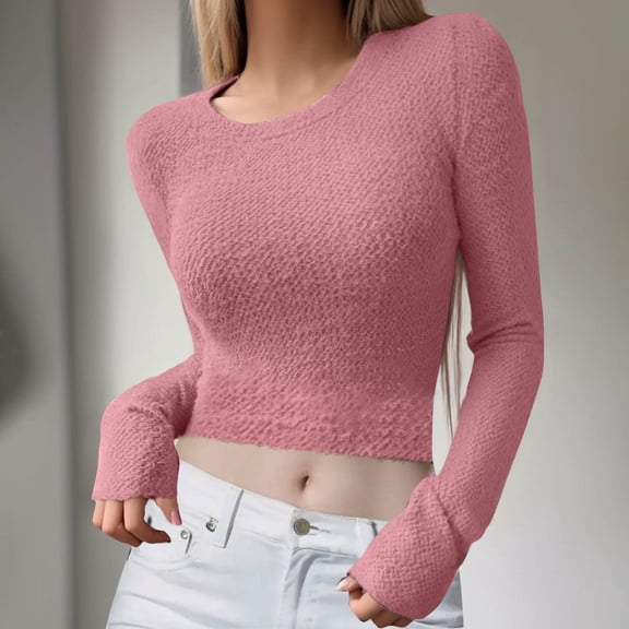 Ofreoo Women's Solid Color Round Neck Casual Loose Long Sleeved Top Long Sleeved Round Neck Shirt Fall Outfits for Women 2024 Great Gifts for Less