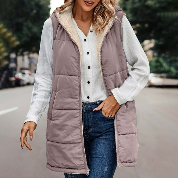 Ofreoo Women's Winter Casual Loose Fashion Color Pocket Zippered Plush Waistcoat Tops Reversible Long Cotton Coat Womens Fall Fashion 2024 Deal of the Week