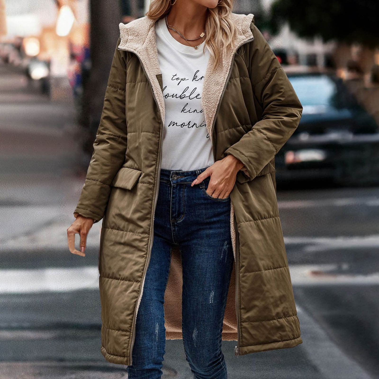 Ofreoo Women's Winter Casual Loose Fashion Color Pocket Zippered Tops Reversible Long Cotton Coat Raincoat for Women Deal of the Week