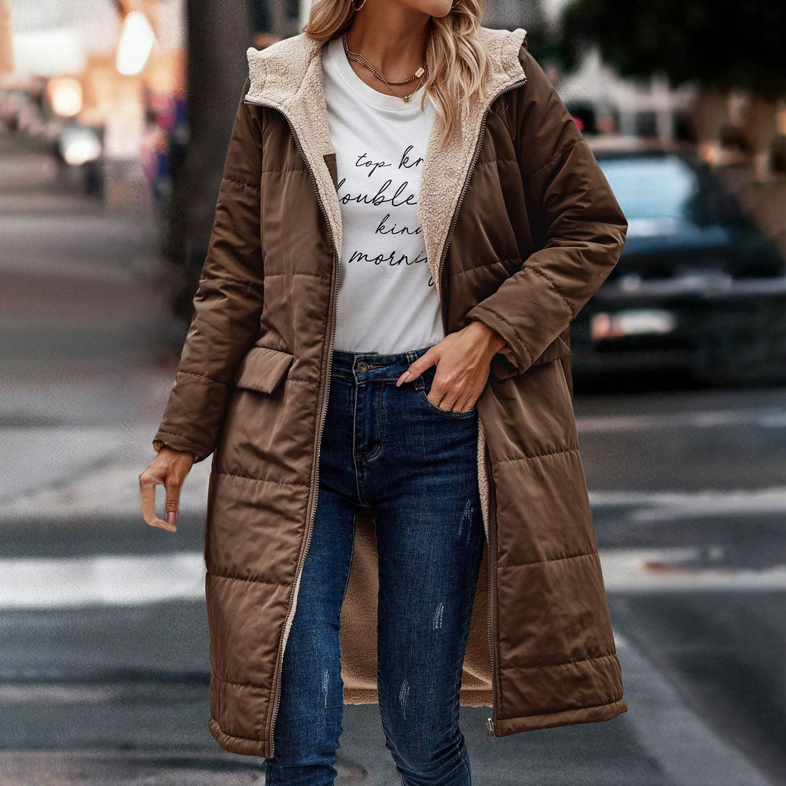 Ofreoo Women's Winter Casual Loose Fashion Color Pocket Zippered Tops Reversible Long Cotton Coat Raincoat for Women Deal of the Week
