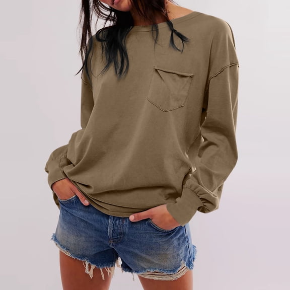 Ofreoo Womens Round-Neck Long Sleeve Loose Fitting Womens Tops Pocket Blouses Basic Tees for Women Holiday Gift Finder