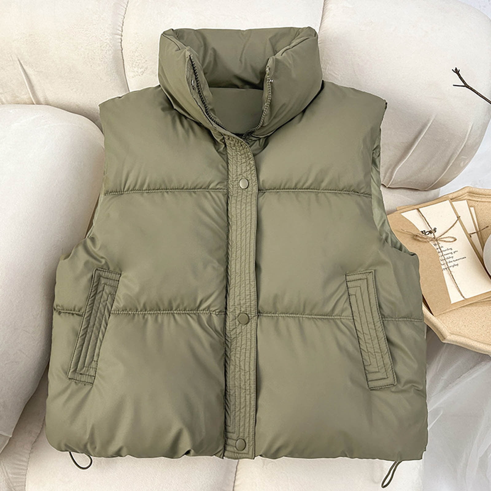 Ofreoo Womens Solid Color Loose Standing Collar Cotton Jacket Sleeveless Cotton Jacket Fall Outfits for Women 2024 Holiday Gift Finder
