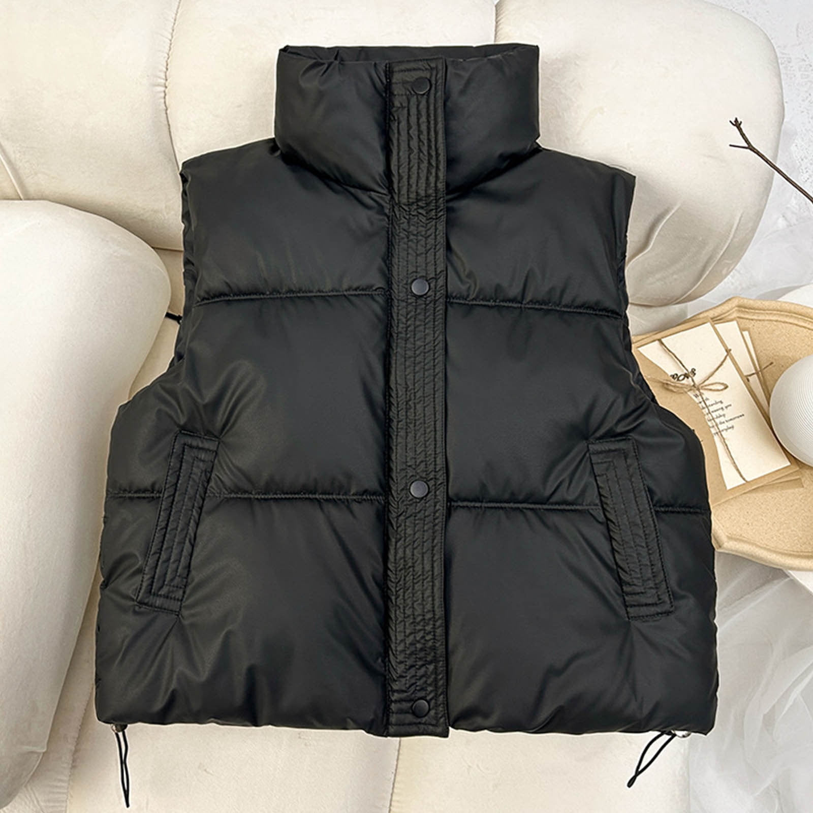 Ofreoo Womens Solid Color Loose Standing Collar Cotton Jacket Sleeveless Cotton Jacket Fall Outfits for Women 2024 Holiday Gift Finder