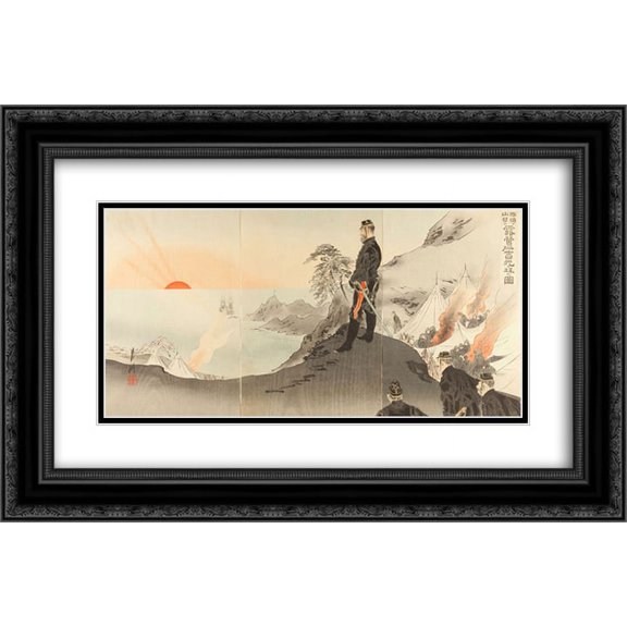 Ogata Gekko 2x Matted 24x16 Black Ornate Framed Art Print 'Picture of Officers and Men Worshiping the Rising Sun While Encamped in the Mountains of Port Arthur'