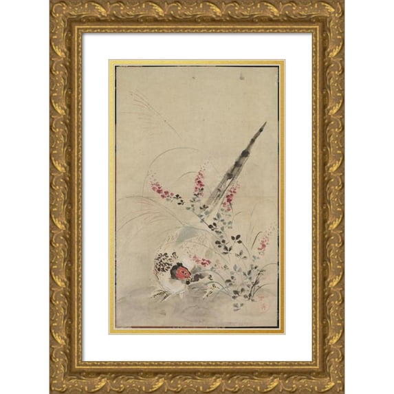 Ogata Kōrin 10x14 Gold Ornate Wood Frame and Double Matted Museum Art Print Titled - Pheasant and Grasses (Late 1600S-Early 1700s)