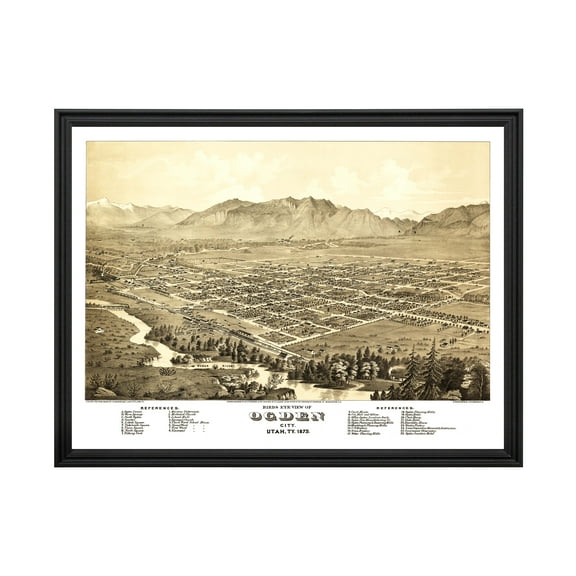 Ogden Art, 1875 Vintage Map of Ogden Utah, UT History Wall Decor Gift, Old Ogden Map - 24" x 18" Black Framed Print