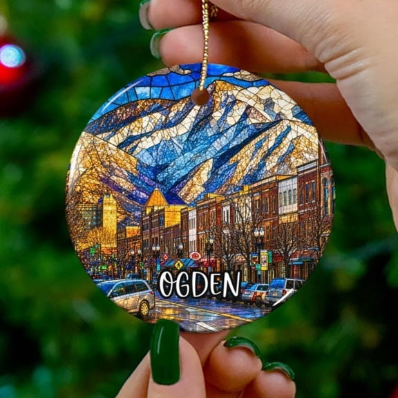 Ogden Utah Faux Stained Glass Style Ornament Souvenir Vacation Travel Gift Holiday Anniversary Christmas 2D FLAT Ceramic Ornament