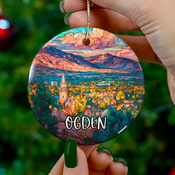 Ogden Utah Ornament Stained Glass Style Unique Souvenir Vacation Travel Gift Festive Anniversary Christmas 2D FLAT CIRCLE Ceramic Ornament