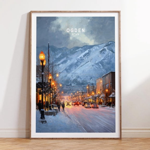 Ogden Utah Wall Art Print, Winter Street And Mountain Travel Decor