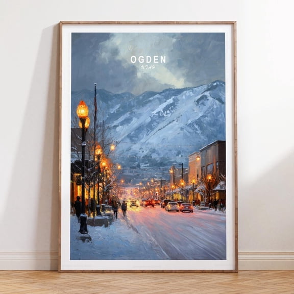 Ogden Utah Winter Street Scene Mountain View Wall Art, Unframed Paper Print Size 8x12