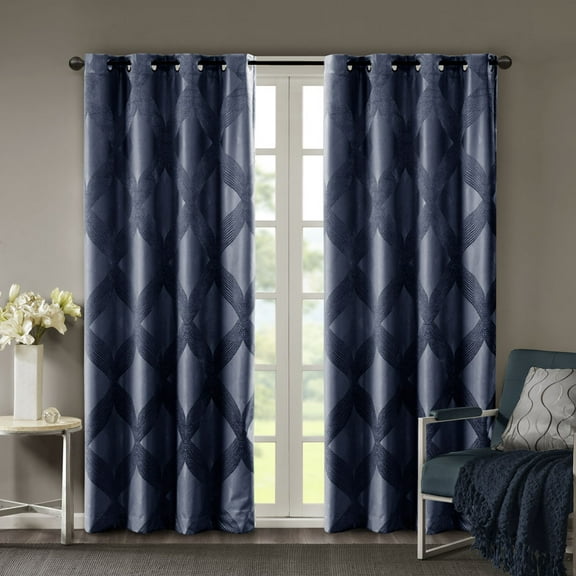 Ogee Knitted Jacquard Total Blackout Curtain Panel(Only 1 Pc Panel),Navy Polyester Household Supplies Décor Curtains
