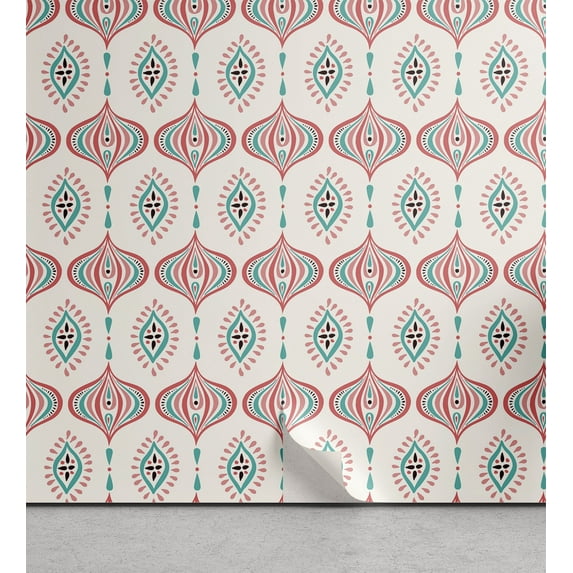 Ogee Peel & Stick Wallpaper, Colorful Hand Drawn Modernized Ornaments Pattern, Self-Adhesive Living Room Kitchen Accent, 3 Sizes, Dark Seafoam Pale Ruby, by Ambesonne