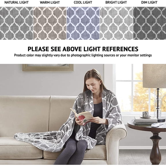 Ogee Printed Plush Electric Blanket for Cold Weather, Fast Heating, Auto Shut Off, Virtually Zero EMF, Multi Heat Setting, , Washable, Oversized Throw 60x70