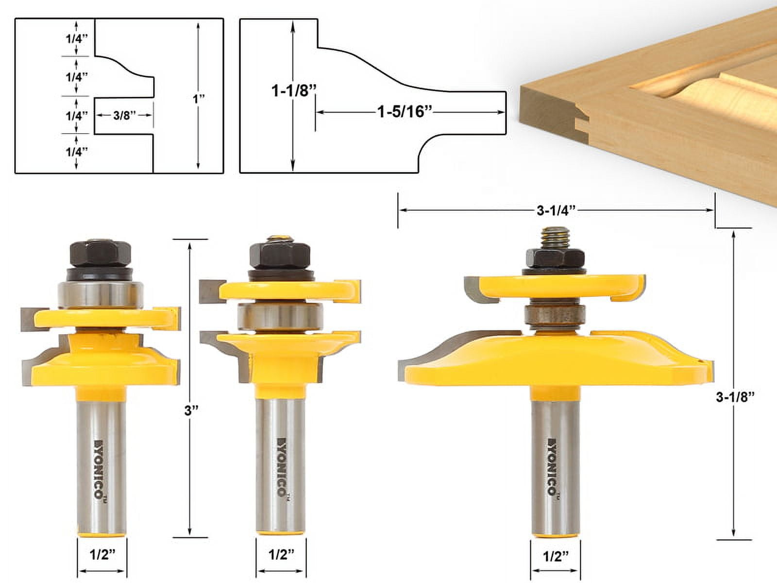 Ogee Rail & Stile w/ Back cutter Panel Raiser 3 Bits Router Bit Set -Yonico 12345