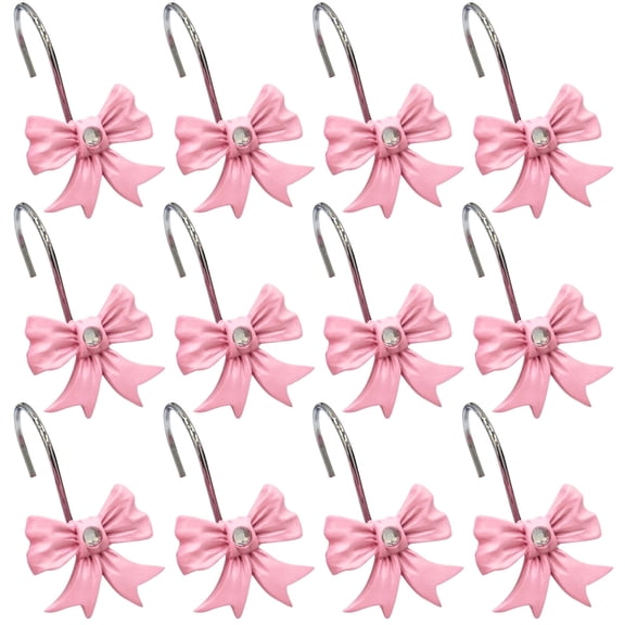 Ogetok Pink Bow Hooks Stainless Steel Curtain Hooks with Smooth Edges Easy Glide for Shower Curtain Rod Fashion Home Decor 12PCS