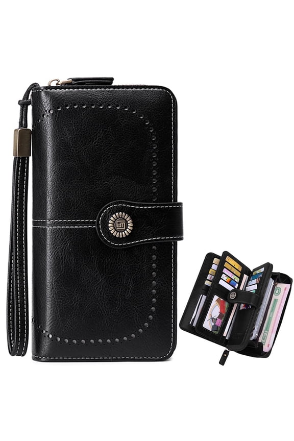Leather Pocket Wallet, Ladies Portable with Large Capacity ,Equipped with Two ID Windows and 23 Credit Card Slots