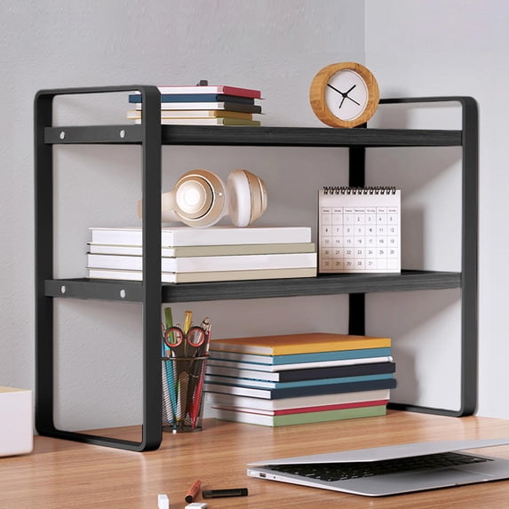 Oggfader 2 Tier Desktop Shelf Organizer, Sturdy Wood & Metal Small Desk Shelf with Raised Edge for Home Office Computer Desk, Black, Easy Assembly