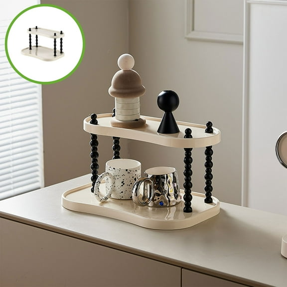 Oggfader 3 Tier Desktop Organizer, 15 Inch Counter Storage Shelf for Mugs Makeup Skincare Perfume, Beige Plastic Vanity Organizer with Black Metal, Bathroom Office Kitchen Shelf