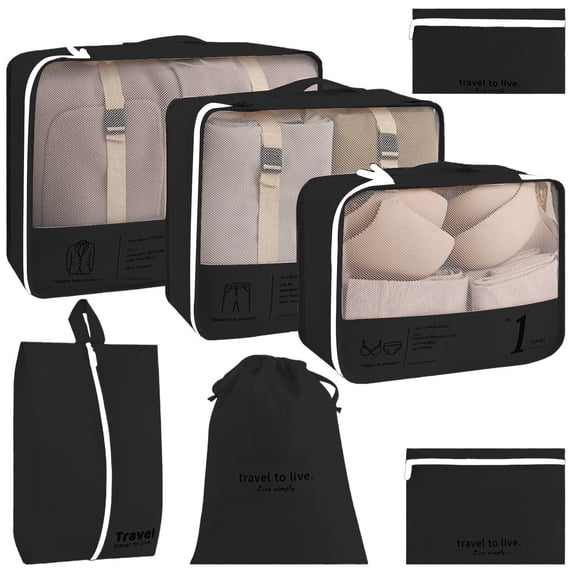 Oggfader 7-Piece Packing Cubes Set, Black - Compression Luggage Organizers for Travel, 100% Polyester Storage Bags for Clothes & Shoes