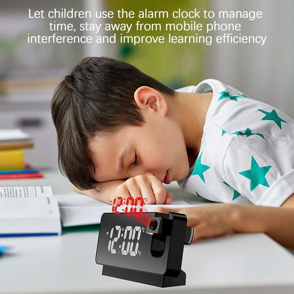 Oggfader Alarm Clock for Kids Mirror Projection Clock LED Large Screen Display Mute Creative Electronic Projection Alarm Clock Black