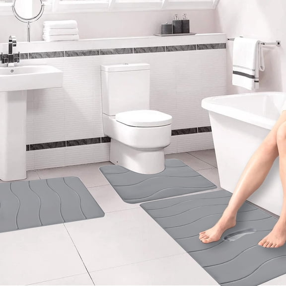 Oggfader Bath Mats for Bathroom Foam Bath Mat 3 Set Bathroom Rugs For 3 Pcs Toilet Mats Universal Soft Comfortable Water Absorption Non-Slip Thick Machine Washable Easier To Dry Dark