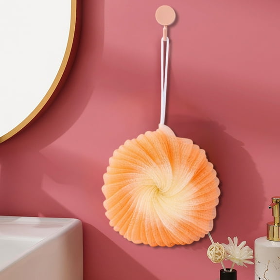 Oggfader Bath Poof Double Layer Mesh Exfoliating Shower Sponge Super Soft with Hanging Hook, Polyester, Orange, Holiday Gift