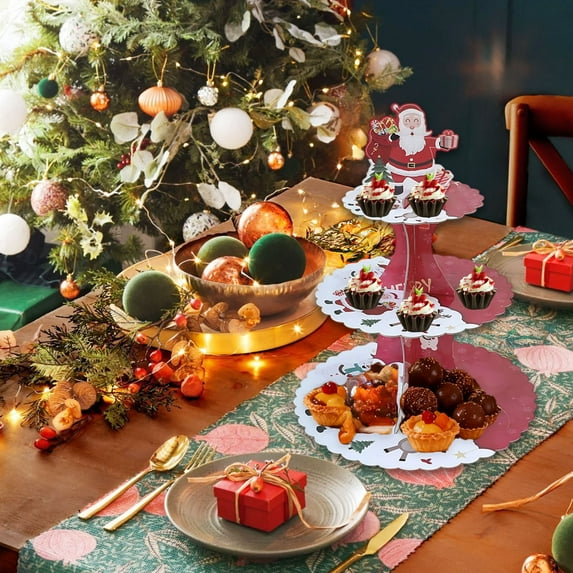 Oggfader Christmas 3 Tier Paper Cake Stand - Disposable Holiday Dessert Display with Santa & Tree Designs, Foldable Cupcake Holder for Party Buffet Decorations