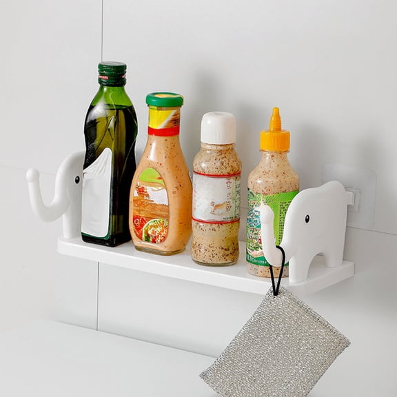 Oggfader Elephant Wall Shelf with Hooks, Small Floating Shelf No Drilling Required, Plastic Wall Mounted Storage Organizer for Bathroom Kitchen Bedroom Decor White