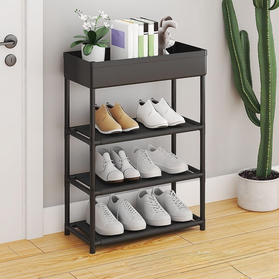 Oggfader Free Standing 5 Tier Narrow Shoe Rack Stackable Shoe Organizer, Black Plastic Storage with Top Shelf for Entryway Bedroom Closet, No Tools Assembly