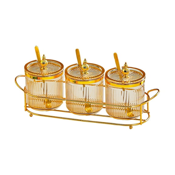 Oggfader Gold 3-Compartment Airtight Spice Jars with Spoons, Kitchen Seasoning Storage Set with Metal Rack