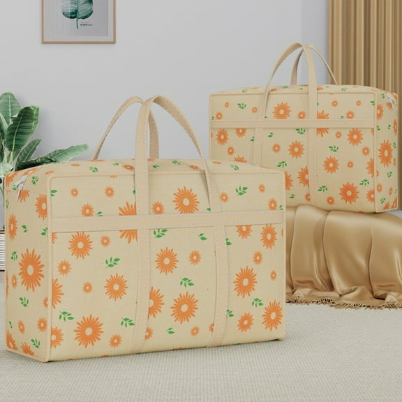 Oggfader Heavy Duty Oversized Storage Bag 33x21x9in - Khaki Floral Cloth w/ Reinforced Handles, Double Zipper for Moving (1Pc)