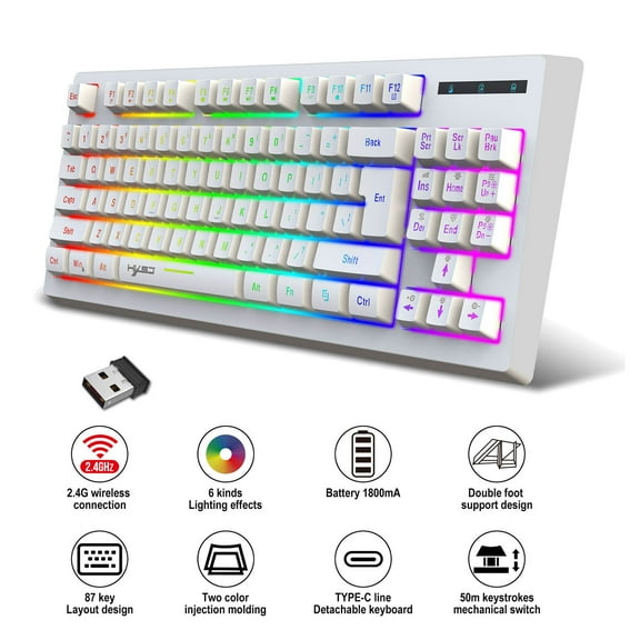 Oggfader Keyboards for Computers 87 KEY Wireless Keyboard Rechargeable Gaming Keyboard Multi Color Changing LED Backlit Keyboard For PC White