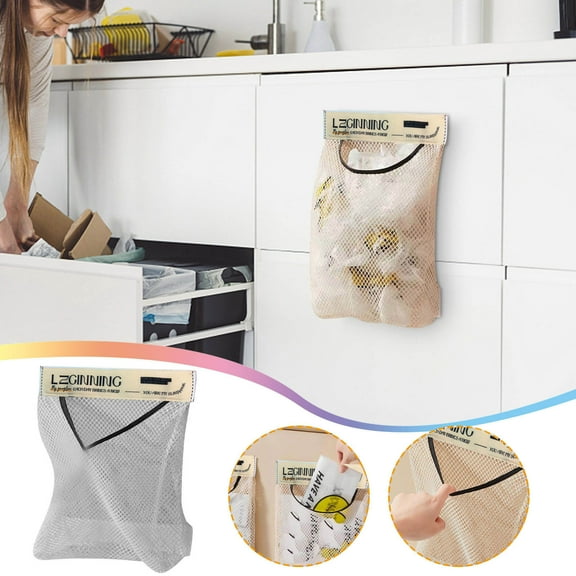 Oggfader Kitchen Garbage Bags Kitchen Garbage Bag Organizer Wall mounted Large capacity Storage Bag For Plastic Bag Storage Mesh Pocket yellow