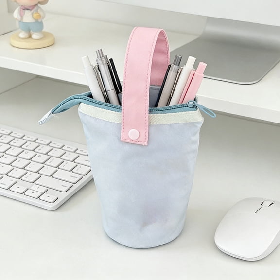 Oggfader Large Capacity Standing Pencil Case, 2-in-1 Telescopic Pen Holder Organizer, Portable Canvas Zipper Pouch for Sch-ool Office