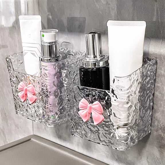 Oggfader No Drill Wall Mounted Bathroom Storage Shelf Small Adhesive Cosmetic Organizer for Face Towels Plastic Textured Vanity Box White