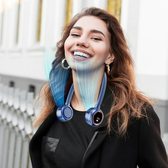Oggfader Portable Neck Fan Digital Turbo Neck Hanging Mini Fan Outdoor Portable USB Charging 3600mAh Battery Five Speed Small Fan,Blue