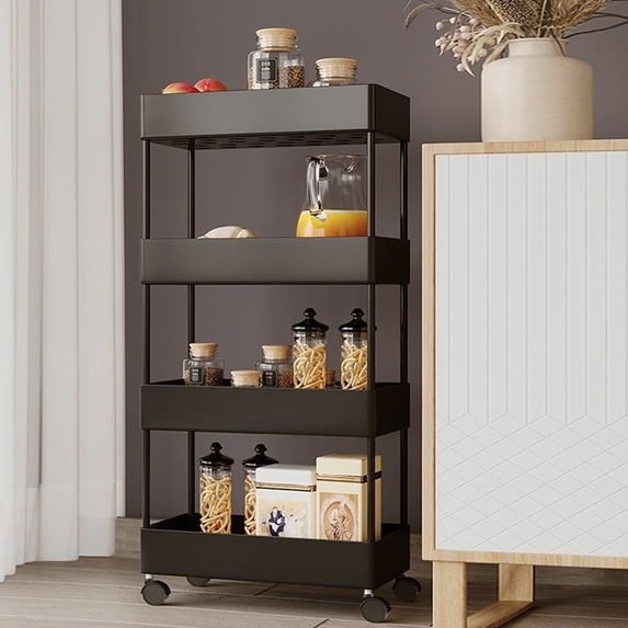 Oggfader Slim Rolling Storage Cart 4 Tier Plastic Bathroom Kitchen Laundry Room Narrow Utility Cart Organizer with Wheels Mobile Shelving Unit