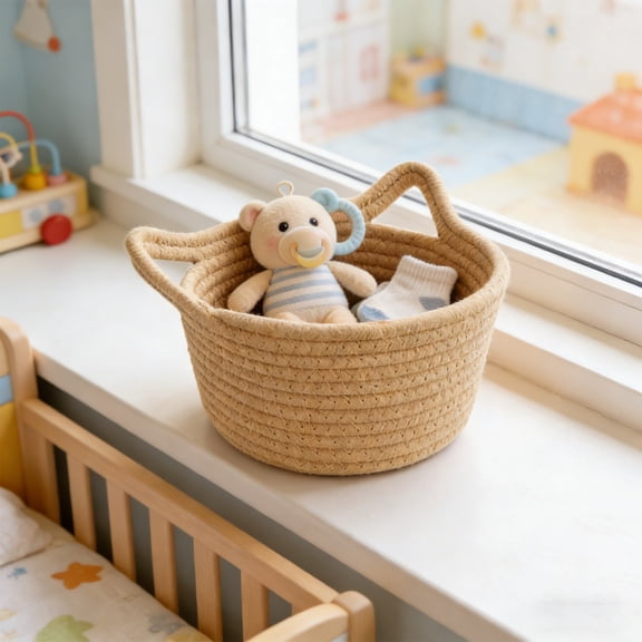 Oggfader Small Cotton Rope Storage Baskets with Cat Ear Handles Decorative Desktop Organizer for Vanity, Desk, Bathroom Boho Farmhouse Decor