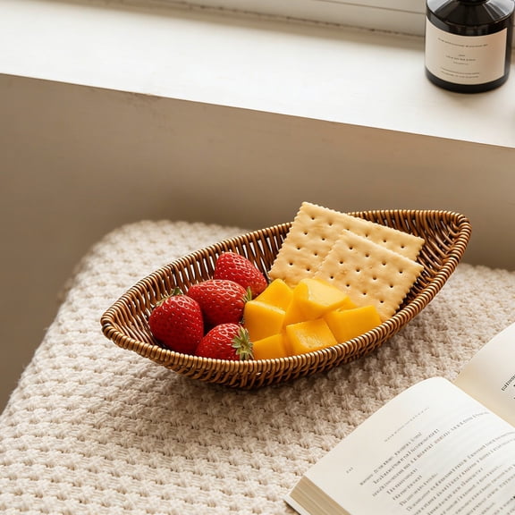 Oggfader Small Woven Basket Storage Basket Boat/Leaf Shaped Plastic Imitation Rattan Bread Fruit Basket Farmhouse Kitchen Counter Decor Washable 11x5.5 Inches