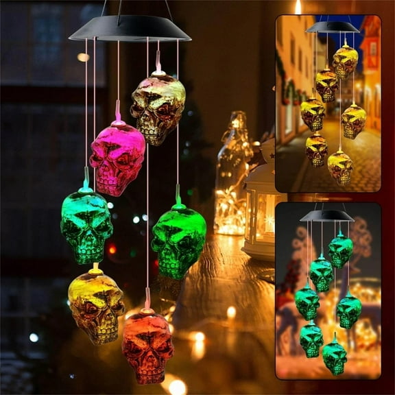 Oggfader Solar Lights Outdoor Waterproof Skeleton Skull Powerd LED Wind Chimes Night Light Party Decorate